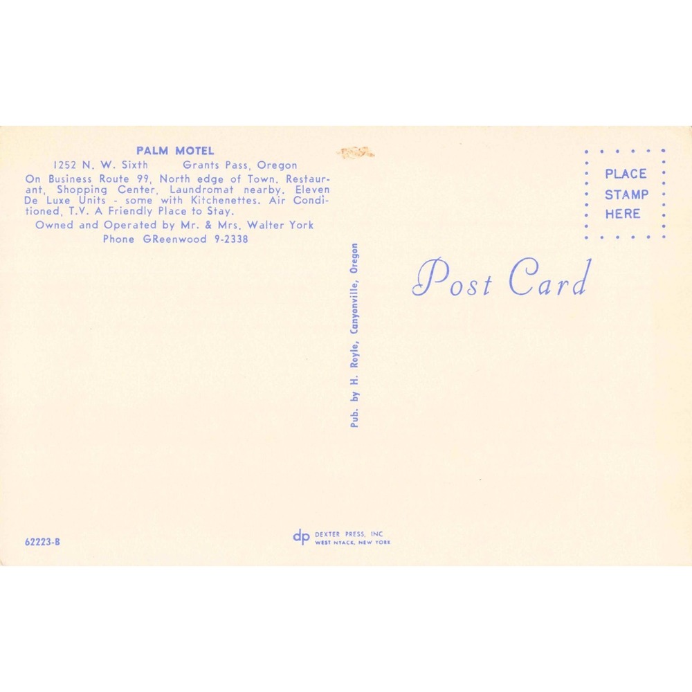 Vintage Palm Motel Grants Pass Oregon Chrome Postcard Dexter Press 62223-B - Picture 2 of 2